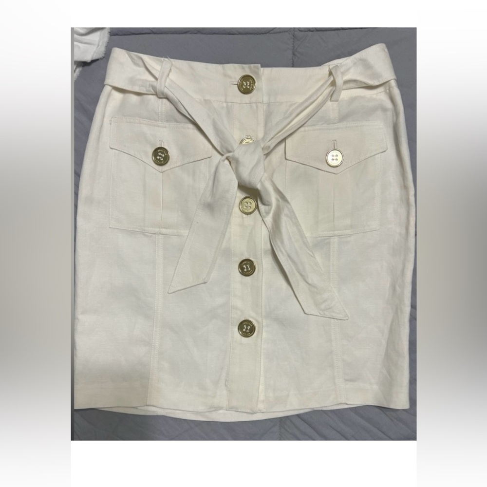 Adrienne Vittadini Ivory Tie front Button Down lined linen skirt sz 6